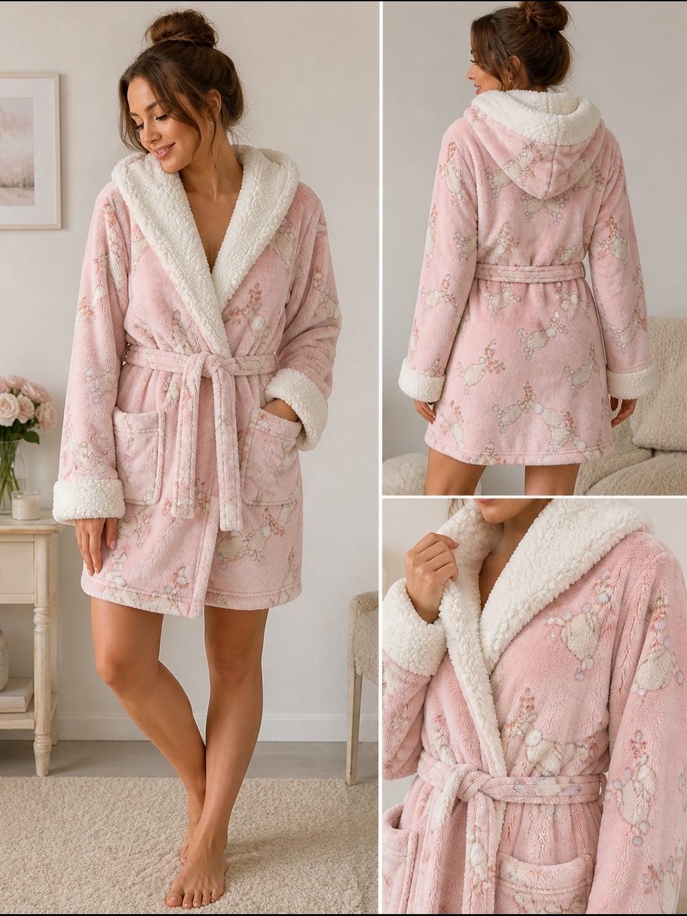 La Vie en Rose Pink Sherpa Lined Moose Print Robe | Cozy Plush Bathrobe S/M